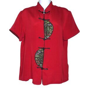 Chinese Red Silk Short-Sleeve Top Embroidered Panels Frog Button Closures Size L